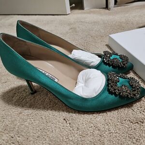 Manolo Blahnik Green Satin Pumps with Embellished Buckle 37